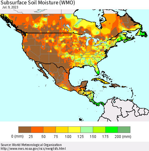 North America Subsurface Soil Moisture (WMO) Thematic Map For 7/3/2023 - 7/9/2023