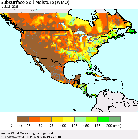 North America Subsurface Soil Moisture (WMO) Thematic Map For 7/10/2023 - 7/16/2023
