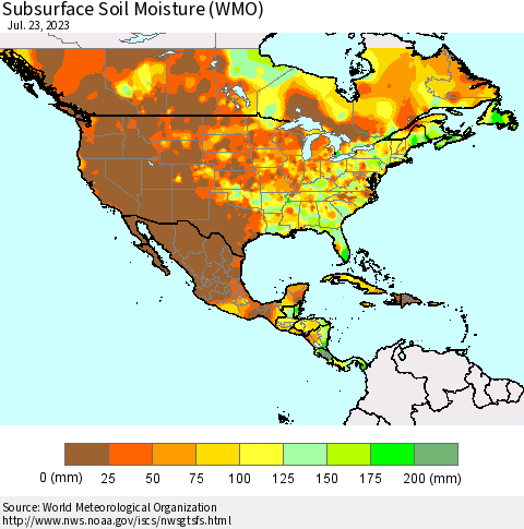 North America Subsurface Soil Moisture (WMO) Thematic Map For 7/17/2023 - 7/23/2023