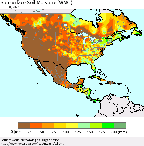 North America Subsurface Soil Moisture (WMO) Thematic Map For 7/24/2023 - 7/30/2023