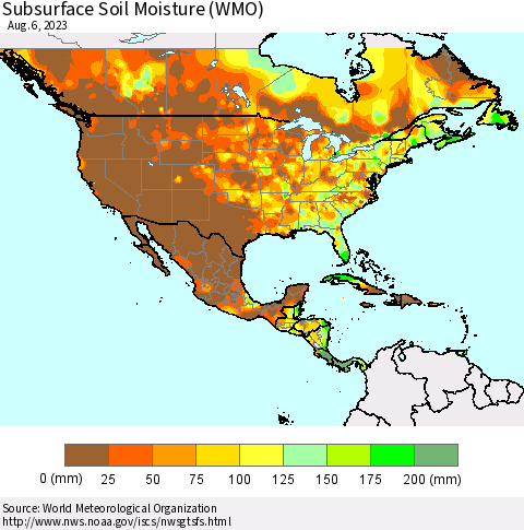North America Subsurface Soil Moisture (WMO) Thematic Map For 7/31/2023 - 8/6/2023