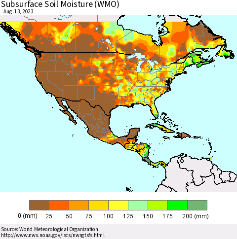 North America Subsurface Soil Moisture (WMO) Thematic Map For 8/7/2023 - 8/13/2023