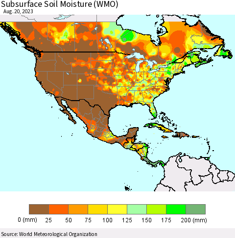 North America Subsurface Soil Moisture (WMO) Thematic Map For 8/14/2023 - 8/20/2023
