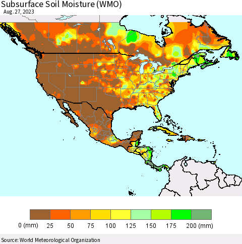 North America Subsurface Soil Moisture (WMO) Thematic Map For 8/21/2023 - 8/27/2023