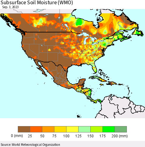 North America Subsurface Soil Moisture (WMO) Thematic Map For 8/28/2023 - 9/3/2023