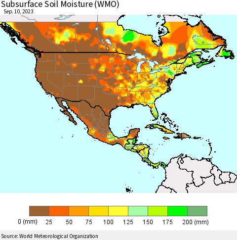 North America Subsurface Soil Moisture (WMO) Thematic Map For 9/4/2023 - 9/10/2023