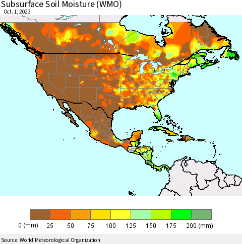 North America Subsurface Soil Moisture (WMO) Thematic Map For 9/25/2023 - 10/1/2023
