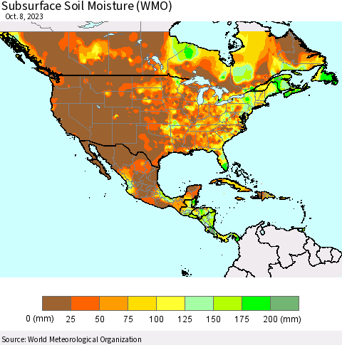 North America Subsurface Soil Moisture (WMO) Thematic Map For 10/2/2023 - 10/8/2023