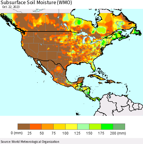 North America Subsurface Soil Moisture (WMO) Thematic Map For 10/16/2023 - 10/22/2023