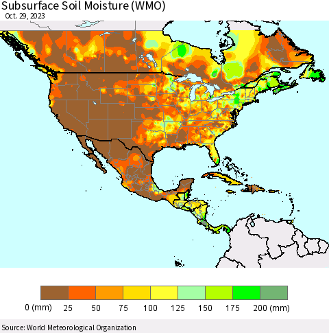 North America Subsurface Soil Moisture (WMO) Thematic Map For 10/23/2023 - 10/29/2023