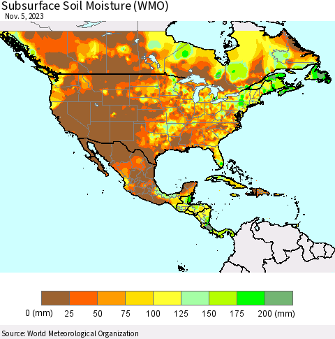 North America Subsurface Soil Moisture (WMO) Thematic Map For 10/30/2023 - 11/5/2023