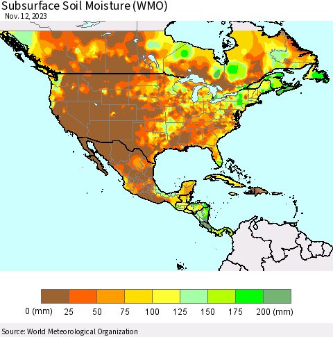 North America Subsurface Soil Moisture (WMO) Thematic Map For 11/6/2023 - 11/12/2023