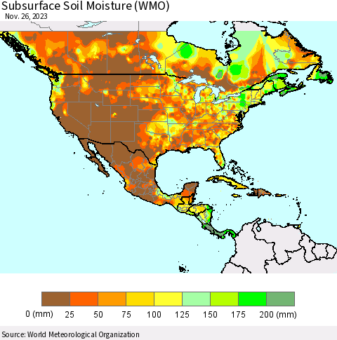 North America Subsurface Soil Moisture (WMO) Thematic Map For 11/20/2023 - 11/26/2023