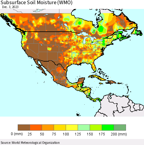 North America Subsurface Soil Moisture (WMO) Thematic Map For 11/27/2023 - 12/3/2023