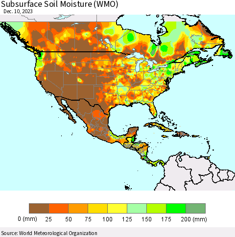 North America Subsurface Soil Moisture (WMO) Thematic Map For 12/4/2023 - 12/10/2023