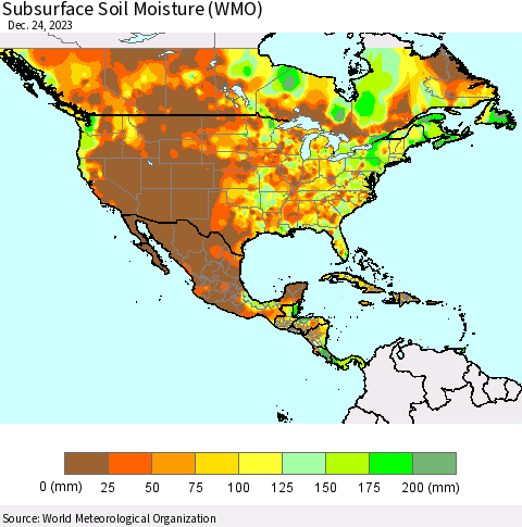 North America Subsurface Soil Moisture (WMO) Thematic Map For 12/18/2023 - 12/24/2023