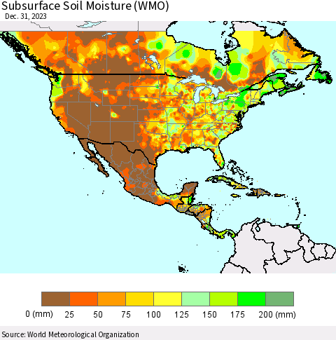 North America Subsurface Soil Moisture (WMO) Thematic Map For 12/25/2023 - 12/31/2023