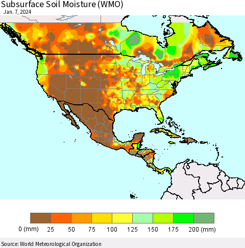 North America Subsurface Soil Moisture (WMO) Thematic Map For 1/1/2024 - 1/7/2024