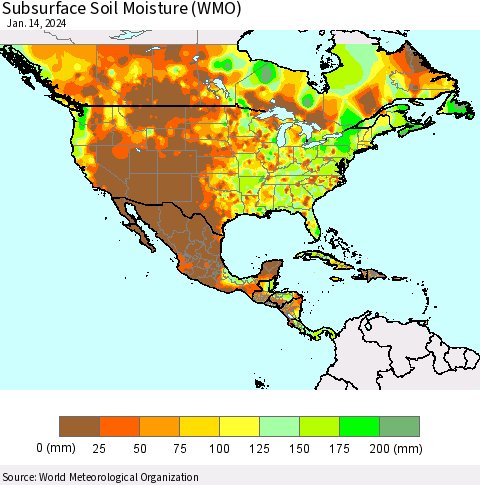 North America Subsurface Soil Moisture (WMO) Thematic Map For 1/8/2024 - 1/14/2024