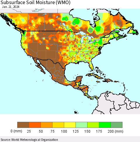 North America Subsurface Soil Moisture (WMO) Thematic Map For 1/15/2024 - 1/21/2024
