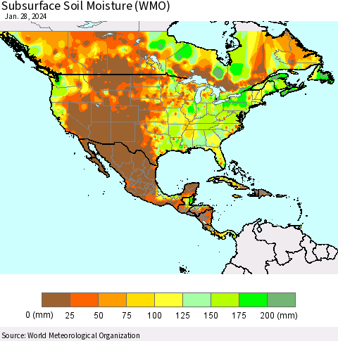 North America Subsurface Soil Moisture (WMO) Thematic Map For 1/22/2024 - 1/28/2024