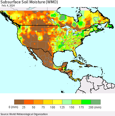 North America Subsurface Soil Moisture (WMO) Thematic Map For 1/29/2024 - 2/4/2024