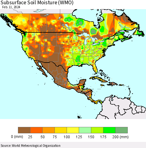 North America Subsurface Soil Moisture (WMO) Thematic Map For 2/5/2024 - 2/11/2024