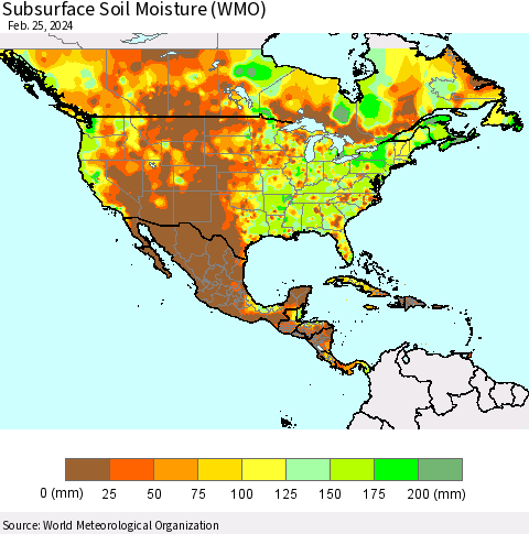 North America Subsurface Soil Moisture (WMO) Thematic Map For 2/19/2024 - 2/25/2024