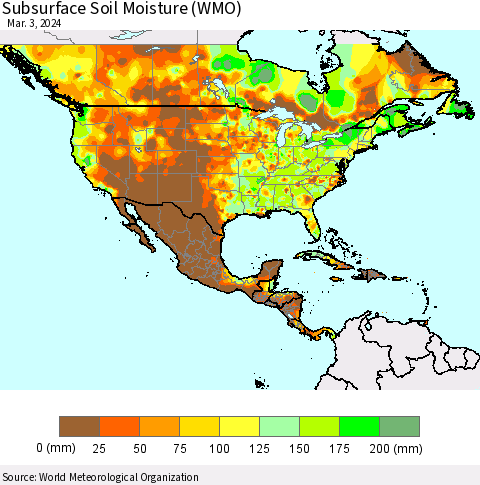North America Subsurface Soil Moisture (WMO) Thematic Map For 2/26/2024 - 3/3/2024