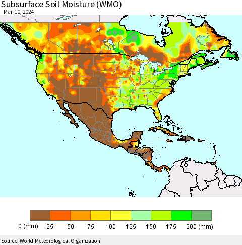North America Subsurface Soil Moisture (WMO) Thematic Map For 3/4/2024 - 3/10/2024