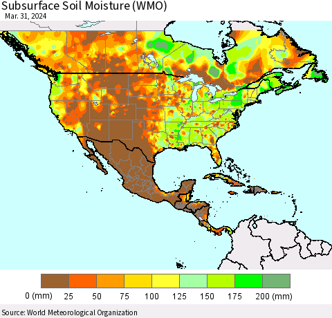 North America Subsurface Soil Moisture (WMO) Thematic Map For 3/25/2024 - 3/31/2024