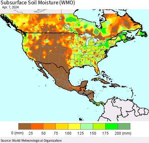 North America Subsurface Soil Moisture (WMO) Thematic Map For 4/1/2024 - 4/7/2024