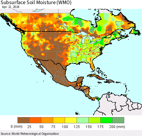 North America Subsurface Soil Moisture (WMO) Thematic Map For 4/15/2024 - 4/21/2024