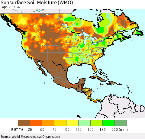 North America Subsurface Soil Moisture (WMO) Thematic Map For 4/22/2024 - 4/28/2024