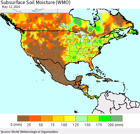 North America Subsurface Soil Moisture (WMO) Thematic Map For 5/6/2024 - 5/12/2024