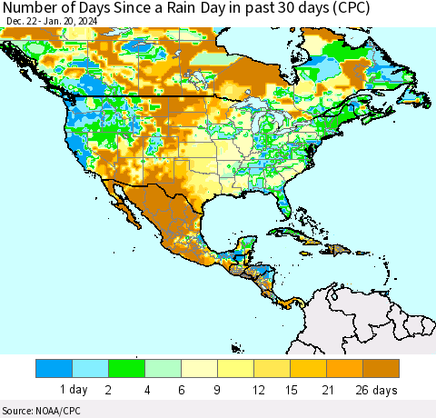 North America Number of Days Since a Rain Day in past 30 days (CPC) Thematic Map For 1/16/2024 - 1/20/2024