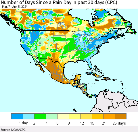 North America Number of Days Since a Rain Day in past 30 days (CPC) Thematic Map For 4/1/2024 - 4/5/2024