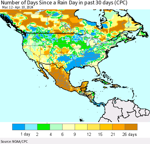 North America Number of Days Since a Rain Day in past 30 days (CPC) Thematic Map For 4/6/2024 - 4/10/2024