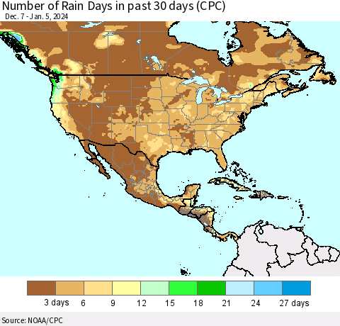 North America Number of Rain Days in past 30 days (CPC) Thematic Map For 1/1/2024 - 1/5/2024
