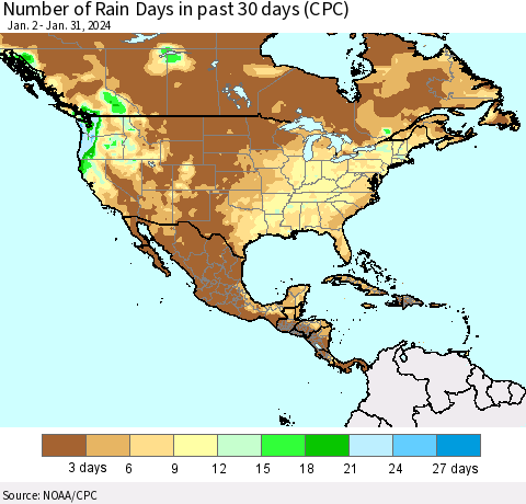 North America Number of Rain Days in past 30 days (CPC) Thematic Map For 1/26/2024 - 1/31/2024