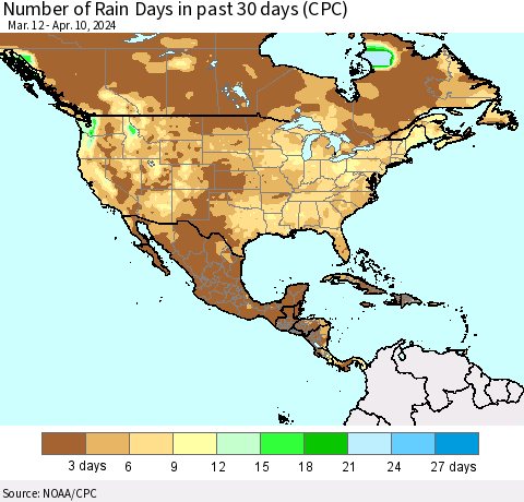 North America Number of Rain Days in past 30 days (CPC) Thematic Map For 4/6/2024 - 4/10/2024