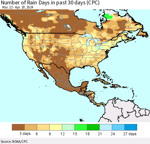 North America Number of Rain Days in past 30 days (CPC) Thematic Map For 4/16/2024 - 4/20/2024