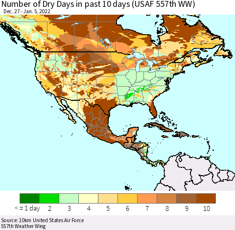 North America Number of Dry Days in past 10 days (USAF 557th WW) Thematic Map For 1/1/2022 - 1/5/2022