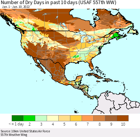 North America Number of Dry Days in past 10 days (USAF 557th WW) Thematic Map For 1/6/2022 - 1/10/2022