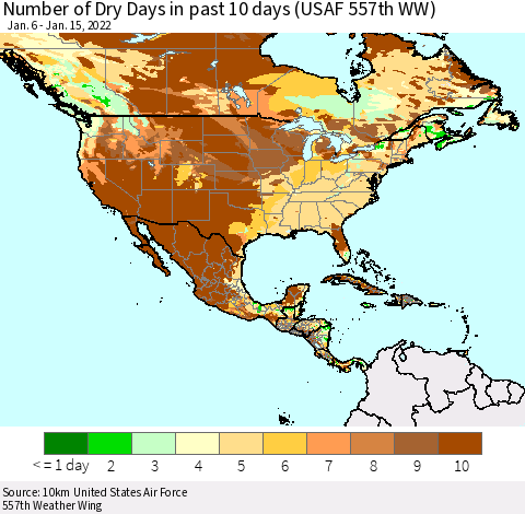 North America Number of Dry Days in past 10 days (USAF 557th WW) Thematic Map For 1/11/2022 - 1/15/2022
