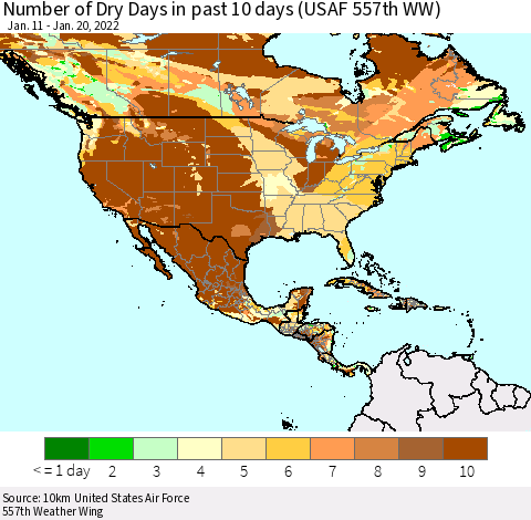 North America Number of Dry Days in past 10 days (USAF 557th WW) Thematic Map For 1/16/2022 - 1/20/2022