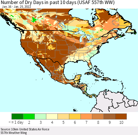 North America Number of Dry Days in past 10 days (USAF 557th WW) Thematic Map For 1/21/2022 - 1/25/2022