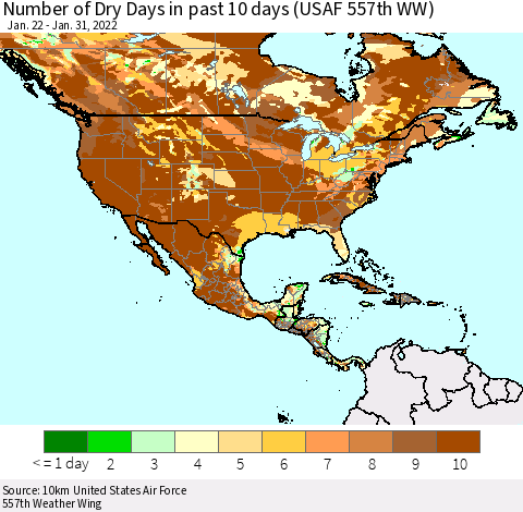 North America Number of Dry Days in past 10 days (USAF 557th WW) Thematic Map For 1/26/2022 - 1/31/2022