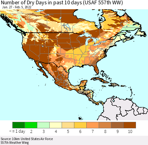North America Number of Dry Days in past 10 days (USAF 557th WW) Thematic Map For 2/1/2022 - 2/5/2022