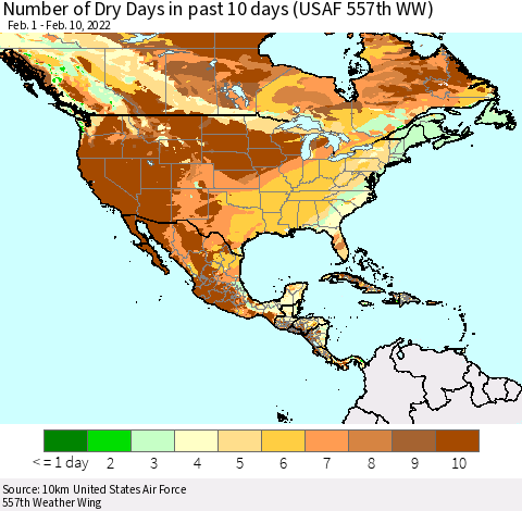 North America Number of Dry Days in past 10 days (USAF 557th WW) Thematic Map For 2/6/2022 - 2/10/2022